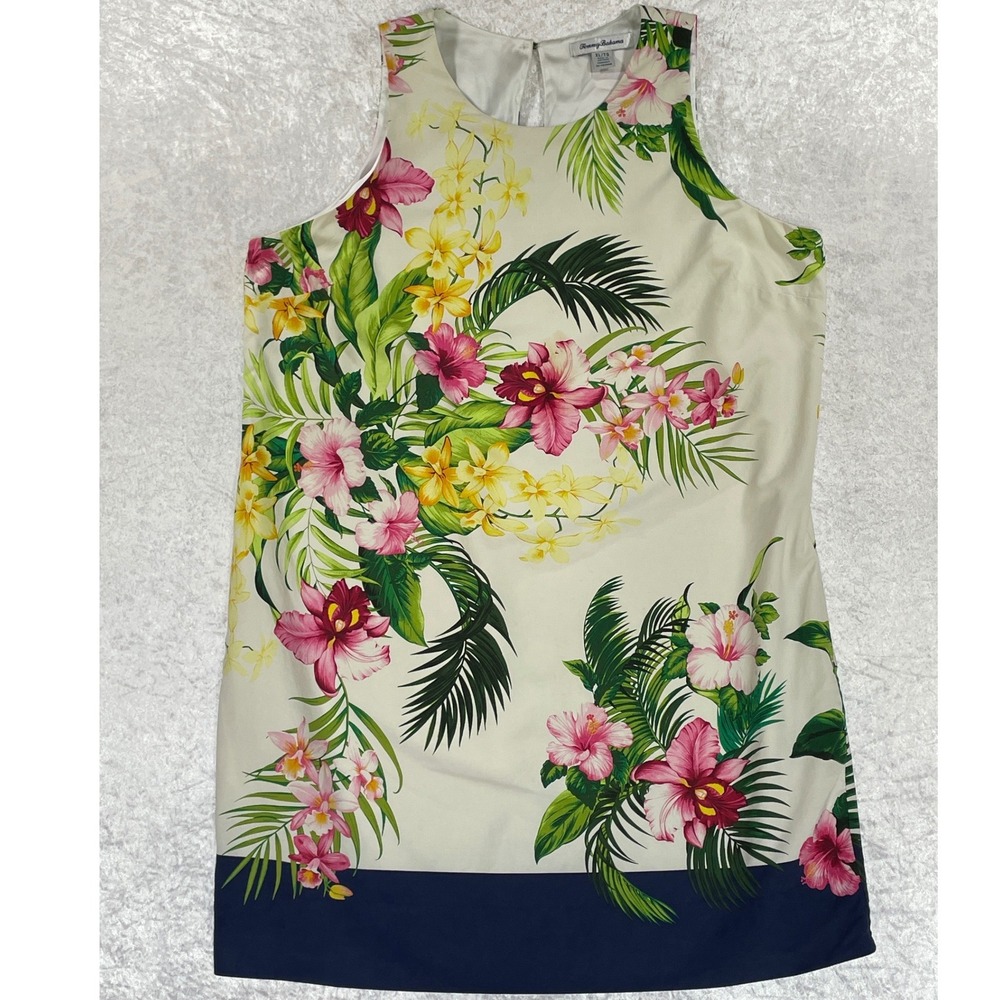 Tommy Bahama Silk Shift Dress Womens XL Cream Floral Tropical Hibiscus EUC